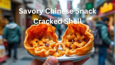 A savory Chinese snack with a cracked crispy shell, revealing a delicious filling inside."